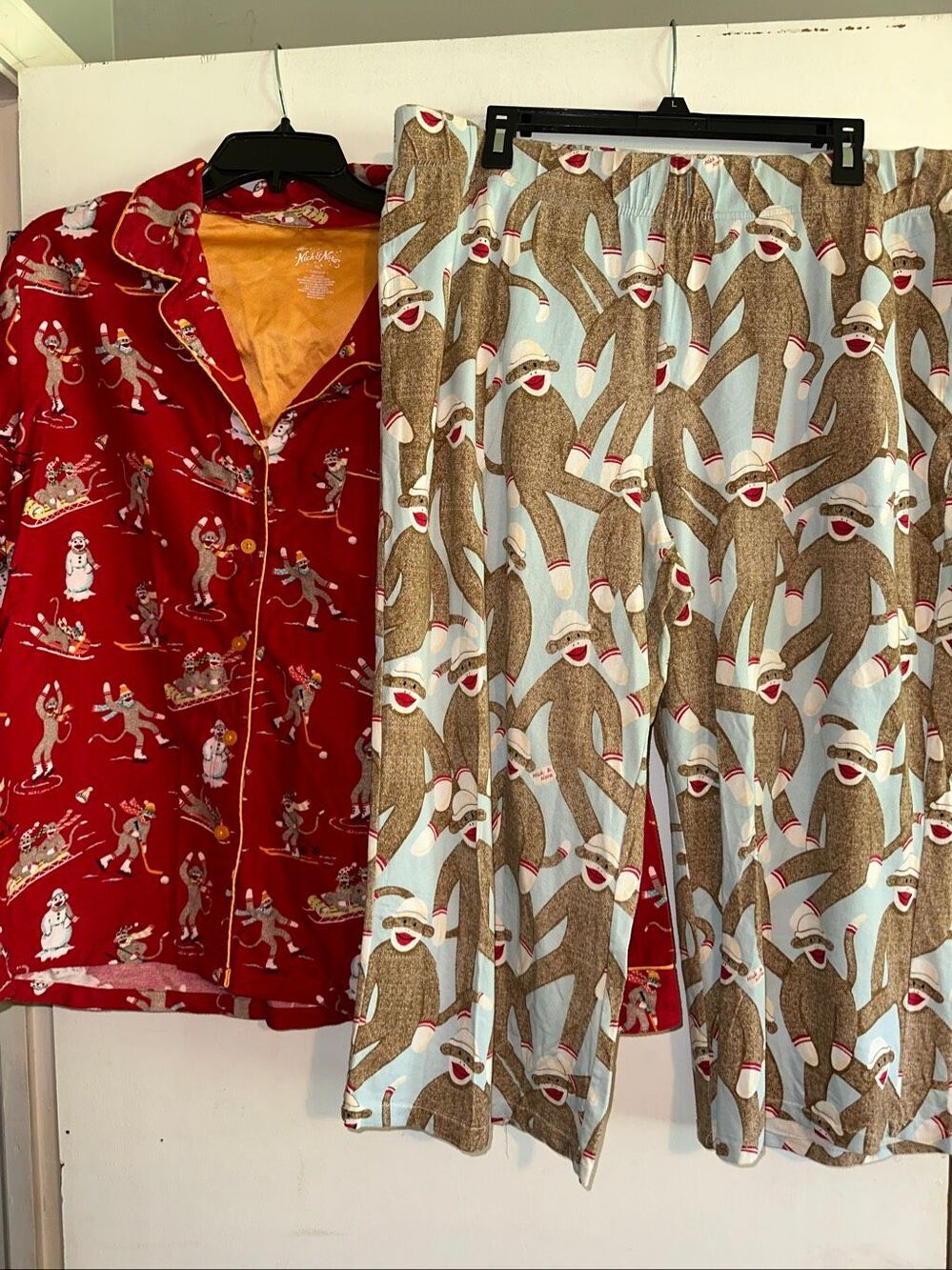 NICK & NORA DOWNHILL MONKEYS COTTON Flannel Pajama Set Red Sock Monkey Ski XL XX